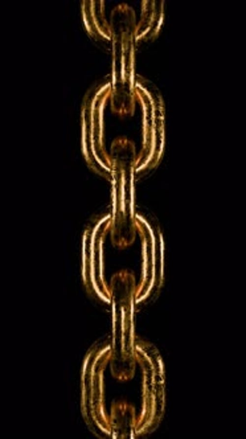 Vertical huge rough bronze chain links moving with loop, overlay with alpha channel 3d render