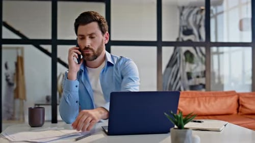 Focused Manager Calling Smartphone Sitting Office Closeup Boss Examining Papers