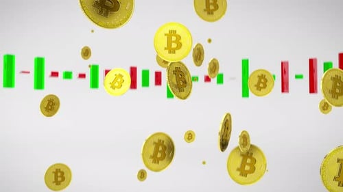 Falling Bitcoin Coins with Stock Market Chart Background