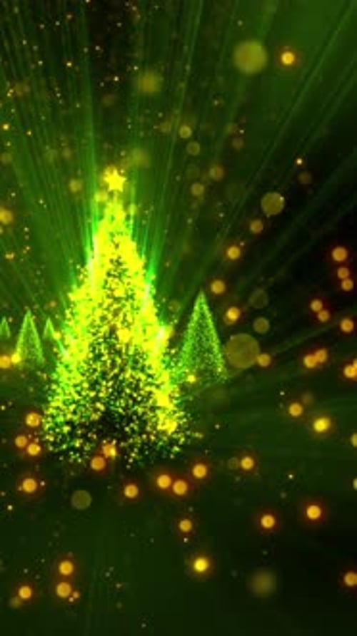 Animated Christmas Tree with Golden Particles and Bright Green Light Rays