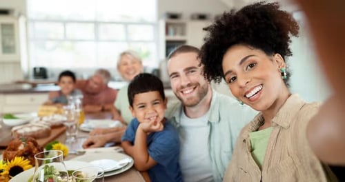 Home food, smile and happy family selfie at lunch meal, reunion or brunch buffet with memory