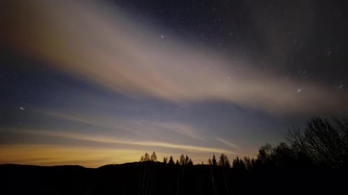 Night Sky with Stars and Fastmoving Clouds Over Forest Start Rails Timelapse