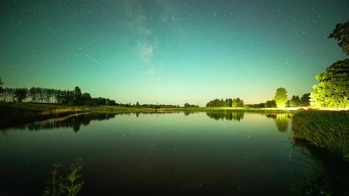 Bright Milky Way galaxy reflecting on calm lake water, night time lapse