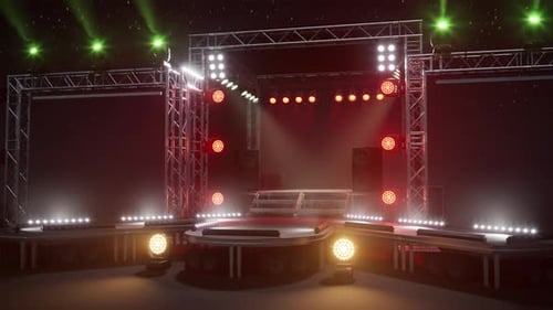 Modern Event Stage with Dynamic Spotlights and Pulsating Lights