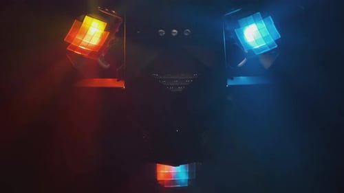 Color music spotlight with colorful lights in nightclub at disco close-up, lighting equipment