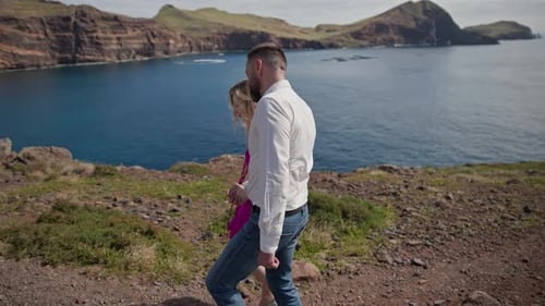Romantic Couple Walking on Coastal Path with Ocean View in Madeira Island