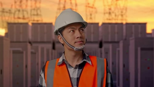 Close Up Of Asian Male Engineer Looking Around with High Voltage Power