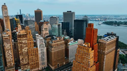 Complex of beautiful buildings standing close to each other. Diverse skyscrapers in New York