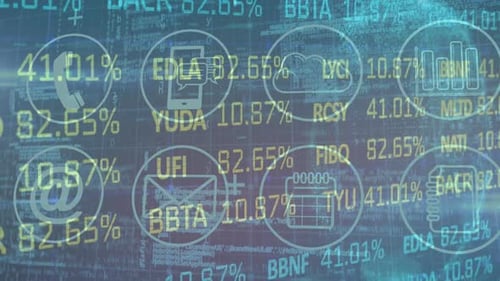 Digital animation of stock market data processing against digital icons on blue background