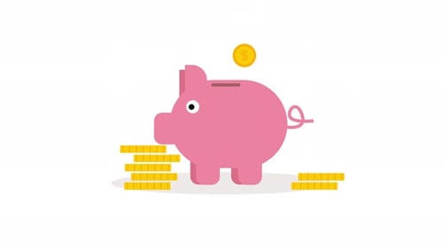 Animation zum Sparen von Geld mit einem Sparschwein und einer Münzenanimation, die für die finanzielle Bildung geeignet ist.