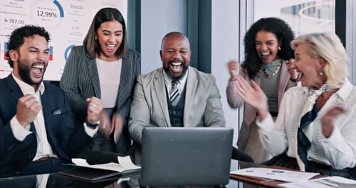 Happy, business people and laptop with applause in meeting for winning, promotion