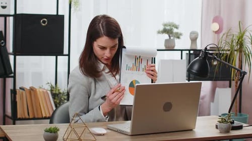 Business Woman Working on Laptop at Office Online Communication Video Call Graphical Analytics