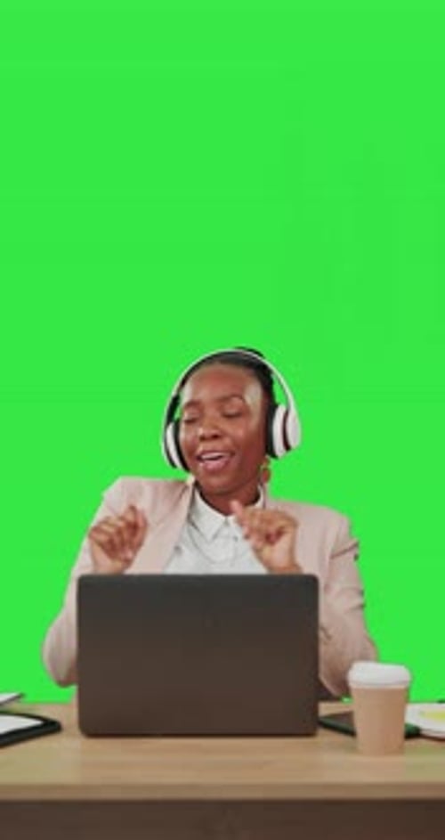 Laptop, music dance and happy black woman listening to dancing track, audio podcast or radio sound