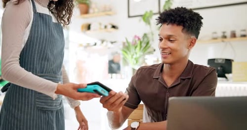 Man, pos and phone for payment in coffee shop, ecommerce and transaction on electronic machine