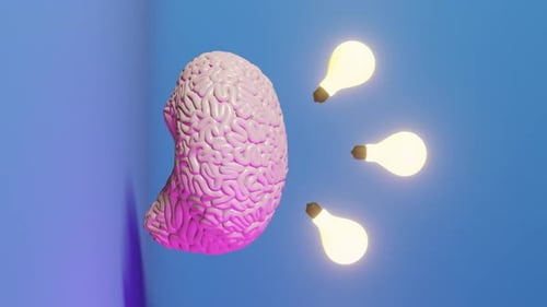 Menschliches Gehirn glühende Glühbirne neon vertikale 3D-Animation Kreative Idee Künstliche Intelligenz 4K