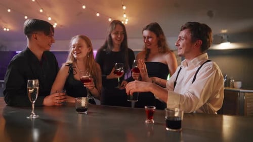 Group of Friends Talking in Night Bar Young Cheerful Joyful Men and Women Talking Chatting Laughing