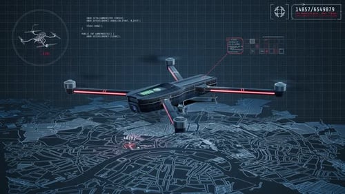 Futuristic Drone with HUD Over Digital City Map