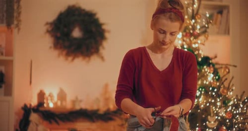 Woman Making Green Fresh Christmas Wreath For Christmas Holidays Florist DIY