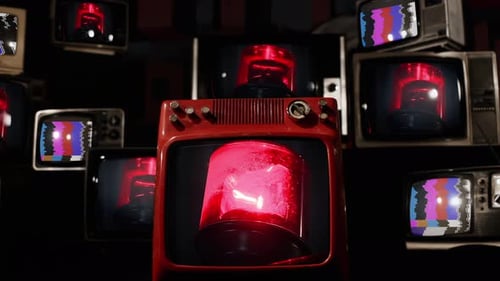 Old TVs Displaying Red Emergency Light and Static