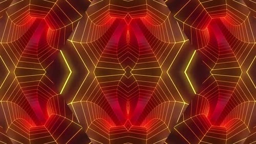 Abstract geometric tunnel with glowing red and gold lines