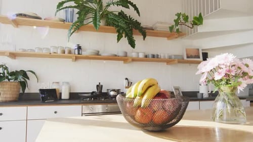 General view of modern kitchen with countertop, kitchen equipment and fruits