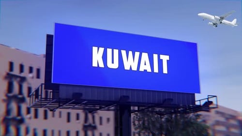 Kuwait Road Sign With A Street Billboard And An Airplane Taking Off In The Background