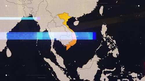 World Map Zoom to Vietnam with Digital Glitch Effect