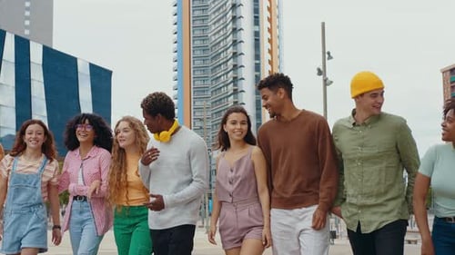 Group of Friends Walking Together in Urban Setting