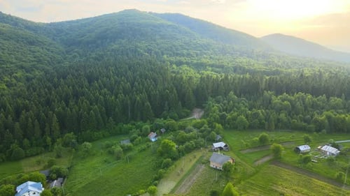 Luftaufnahme des nebligen Abends über kleinen Bergdorf-Häusern zwischen hohen Gipfeln mit dunkler Kiefer