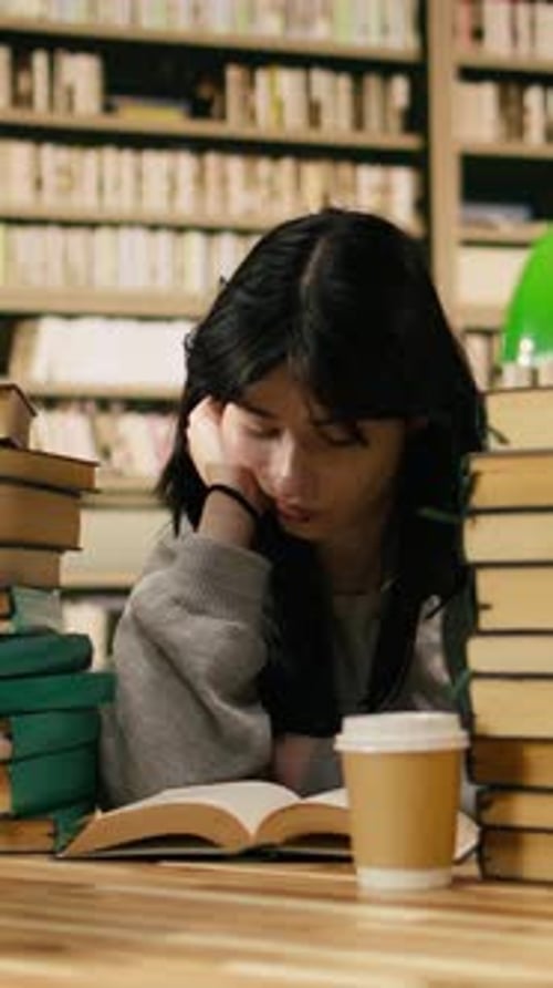 Vertical Video Stressed Woman Student Reading From Open Book Between Tall Stacks
