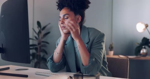 Business, computer and woman tired, headache and burnout for work, schedule and planning in office