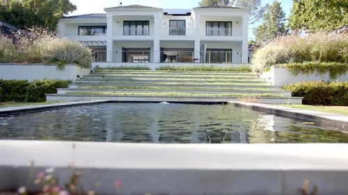 Luxury home with large pool and landscaped garden, showcasing modern architecture, copy space