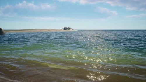 Coastal Scene With Gentle Waves Sandy Shore And Far Island