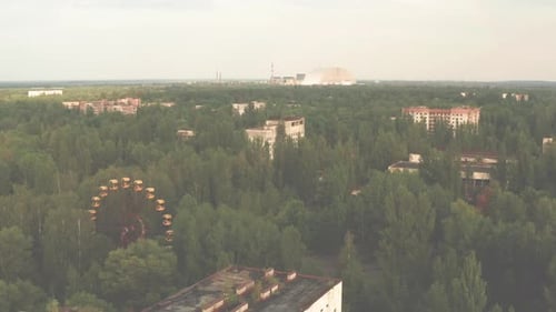 Panning shot of the Ferris at Pripyat ghost town in Chernobyl exclusion zone. Chernobyl nuclear-plan