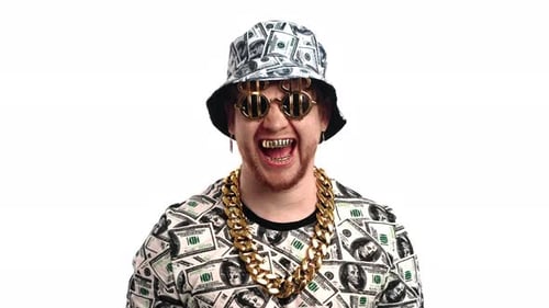 Man Wearing Dollar Bill Outfit Smiles