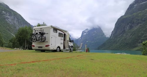 Recreational Vehicle Parked in Beautiful Mountain Landscape