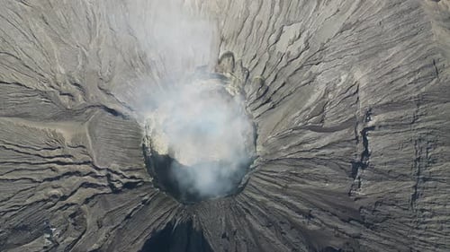 Top-down aerial view of Mount Bromo volcano crater in Java, Indonesia
