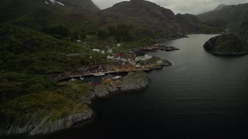 Aerial video of the town and landscapes of Lofoten, Norway