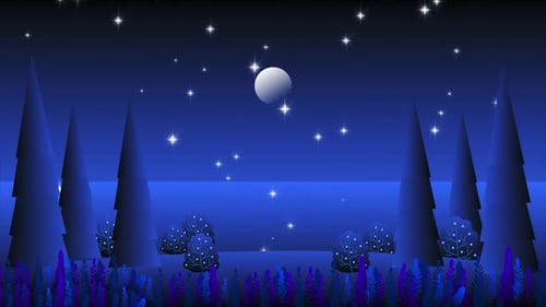 Animated Night Nature Background with Twinkling Stars and Moon