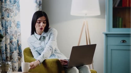 A Young Business Woman Working at Home Remote Job Employee Young Caucasian Employee Suffers Neck