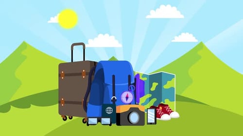 Animated Flat Design Travel Kit Essentials Appearing