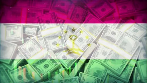 Tajikistan Flag On Economic Background With Decrease Bar Chart Graph And Arrow