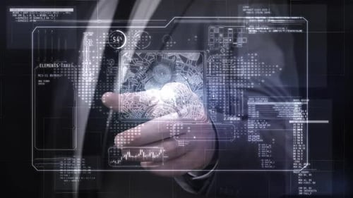 Business Hand Activating Futuristic Holographic Digital Interface