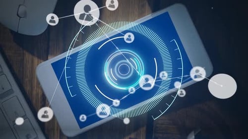 Animation of network of connections with icons and scope scanning over smartphone