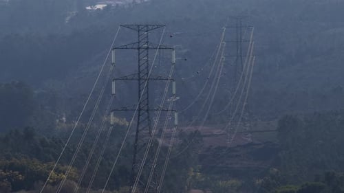 Luftaufnahme von Stromleitungen, die Bäume durchschneiden, Portugal.