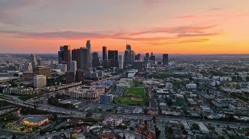 Skyscrapers in Los Angeles LA Skyline in Sunset Sunset Over California City Sunset in Los Angeles