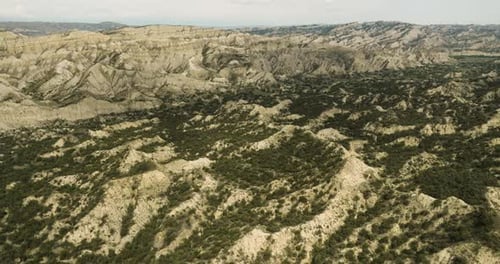 Arid canyon landscape with hills and scarce bush vegetation, Georgia.