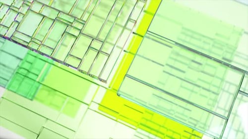 Green Glass Panels Rotating Slowly Against Vivid Green and Yellow Background Creating Abstract