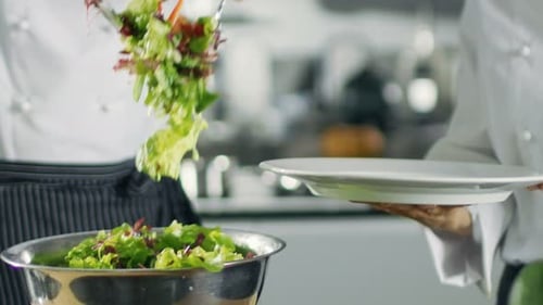 In a Famous Restaurant Cook Prepares Salad and Puts it on a Plate. Working in a Big Modern Kitchen.