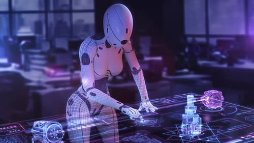 AI Working with Futuristic 3D Holographic Projections in a Modern Office